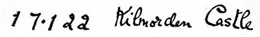Illustration: Indistinct cursive script which appears to say something like: 1 7 . 1 2 2 Kilmorden Castle