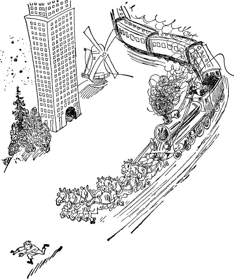 A horse drawn train is chasing Emil in the street.