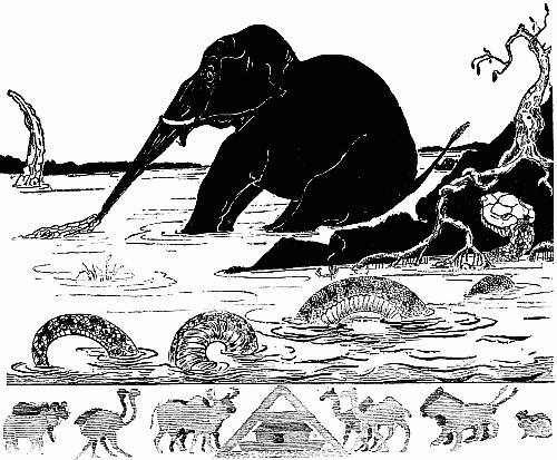 This is the Elephant's Child having his nose pulled by the Crocodile.