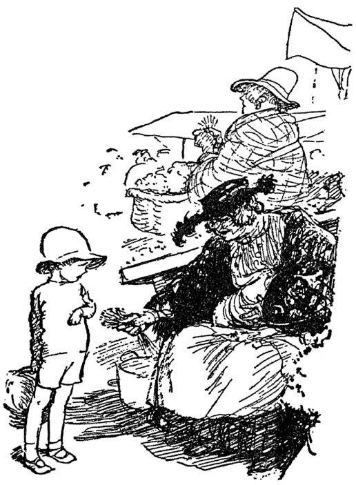 Woman offering boy a bunch of lavender