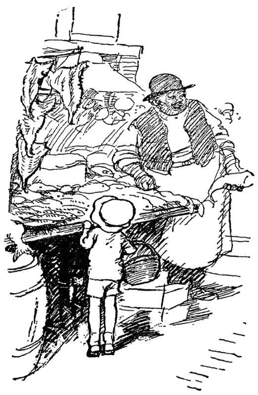 Boy looking at fishmonger’s stall
