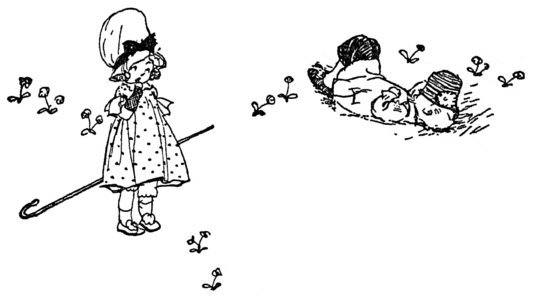 Girl with crook, boy sleeping on grass