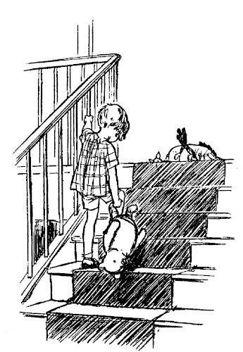 In a drawing to end the book, we see Christopher Robin dragging his toy bear up the stairs. Toys with Piglet ears, kanga pockets and donkey mane are upstairs.