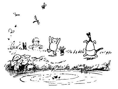 In this drawing we see Kanga, Pooh, Piglet and Christopher Robin rushing to the Pool where Roo is splashing around.