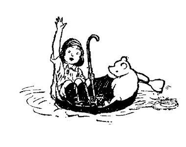 The last drawing in the chapter shows Christopher Robin waving from the "Brain of Pooh" (which is an upside down umbrella, not really a ship) and Pooh with some sort of paddle.