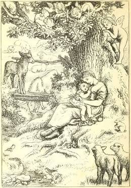 An adult holds a child under a tree, surrounded by barn animals and cherubs.