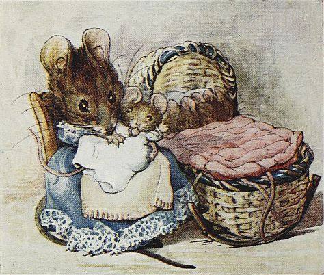 Hunca Munca wearing the dress nad hold ing a baby mouse by the cradle